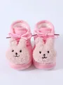 Close-up view of pink plush winter baby boots featuring a cute bunny face design - Size 12 (Inner Length 11CM) / Pink Rabbit
