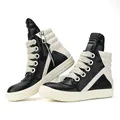 High-top sneakers for men with thick laces and side zipper in black and white leather. - 35 / Black