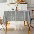 Vintage country style blue cotton linen tablecloth with white embroidery and tassels - Qianyue Tassel Series / 60*60cm / No. 7 Grey Blue