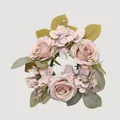 Close-up of elegant artificial rose and hydrangea candle ring wreath in dusty pink - Dark Champagne