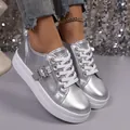 Shiny silver platform sneakers with sparkling rhinestone buckle and white sole - 36 / Silver