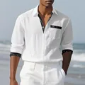 Elegant men's white linen long-sleeve casual shirt with printed collar and pocket - 3XL / Tops / White