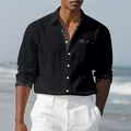 Detailed macro shot of black linen long sleeve shirt featuring decorative pocket and collar prints - 3XL / Tops / Black