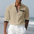 Khaki linen long-sleeve shirt with patterned trim worn by male model on a beach - 3XL / Tops / Khaki