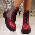 Fashionable red leather Martin boots with colorful sequined panels and platform soles - 36 / Red Sequin