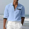 Detailed view of blue linen long-sleeved men's shirt with printed collar and cuffs - Light Blue