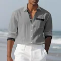 Detail view of grey men's linen casual shirt with decorative bird print cuffs and pocket. - 3XL / Tops / Gray