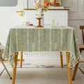 Green rustic cotton linen tablecloth with white stripes and elegant tassel fringe - Qianyue Tassel Series / 60*60cm / No.9 Green