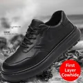 Men's casual black leather shoes crafted from top layer cowhide with thick lightweight soles - Size 38 / Black