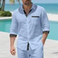 Men's casual light blue linen vacation shirt with stylish black patterned trim details - Light Blue