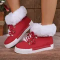 Stylish women's red leather snow boots with luxury white faux fur trim and lace-up detail - 36 / Red