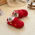 Vibrant red toddler sneakers with floral embroidery and soft breathable mesh sole. - Red