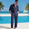 Elegant marineblauw linnen set voor heren met shirt en broek, ideaal voor een luxe vakantie - S / Boven- En Onderstuk / Marineblauw