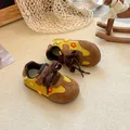 Stylish yellow and brown girl's sneakers with flower embroidery and soft soles for spring - Yellow