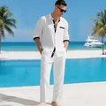 Ontspannen wit linnen herenpak met shirt met lange mouwen en een bijpassende broek - S / Boven- En Onderstuk / Wit