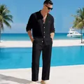 Ensemble chemise et pantalon en lin décontracté pour homme pour les vacances en noir - Noir