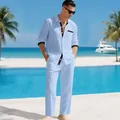 Ensemble chemise et pantalon en lin bleu clair pour homme style plage - Bleu clair