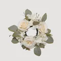 Close-up of artificial cream roses and white hydrangea wreath for candle decoration - White