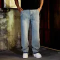 Stylish light blue loose straight-leg jeans for men featuring white pearl bead embellishments - 30 / Bottoms / Light Blue (Beaded)
