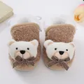Detailed view of fluffy baby winter booties featuring a cute white cartoon bear face - Size 12 (Inner Length 11CM) / Khaki Bear Style