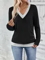 Women's casual V-neck long sleeve top with three-button detail and color block design. - S / Tops / Black