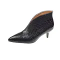 Vista lateral de elegantes botines negros de punta con cuello en V y textura de serpiente - 35 / Negro (Tacón de Aguja)