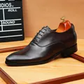 Premium dark brown leather elevator dress shoes with pointed toe and oxford style - Coffee