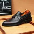 Men's classic genuine leather tassel loafers with wingtip brogue and gradient brown finish - Vintage Brown