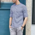 Camicia casual da uomo a maniche 3/4 con colletto alla coreana e motivo a griglia lavanda - 3XL / Top / Blu zaffiro