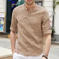 Camicia casual da uomo color cachi in lino testurizzato con collo Henley e maniche 3/4 - Taglia S / Top / Cammello