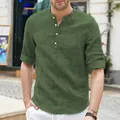 Camicia casual da uomo verde militare con trama a griglia e design collo alla coreana - Taglia S / Top / Verde oliva