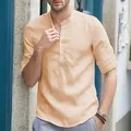 Camicia casual da uomo color pesca con colletto alla coreana e maniche a 7 punti risvoltate. - Taglia S / Top / Colore pelle