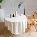 Vintage white cotton linen tablecloth with elegant hollow embroidery and fringe tassels - Cross Tassel Series / 60*60cm / White