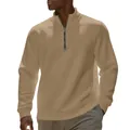 Effen fleece herentrui met opstaande kraag en detail van een metalen kwartritsluiting - camel