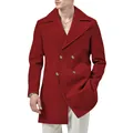 Detailed view of red double-breasted pea coat for men with large lapels on model - S / Tops / Red