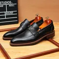 Men's elegant black genuine leather loafers featuring a decorative silver metal buckle - 37 / Black