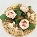 Artificial 3-head dusty pink rose and wildflower candle ring for rustic table decor - Champagne