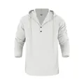 Casual men's white linen long sleeve hooded Henley shirt featuring large pocket - S / Tops / White