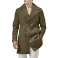 Detail shot of men's olive green double-breasted pea coat with classic wide lapels - S / Tops / Army Green