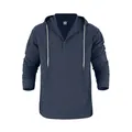 Men's loose navy blue linen hooded long-sleeve Henley shirt featuring large pocket - S / Tops / Navy Blue
