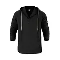 Detail of a men's black linen hooded Henley shirt featuring a kangaroo pocket and white cords - S / Tops / Black