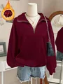 Maroon half-zip fleece sweatshirt for women, cozy autumn winter casual style wear - S / Tops / Burgundy