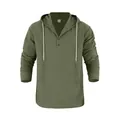 Men's olive green long sleeve linen hooded Henley shirt with a large front pocket - Army Green