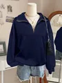 Women's navy blue half-zip sweatshirt with drop shoulder design in a loose casual fit - Navy Blue