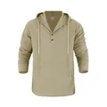 Detail of men's loose linen hooded Henley shirt with front pocket and buttons - S / Tops / Light Khaki