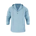 Front view detail of men's light blue hooded linen Henley shirt with pocket - Light Blue