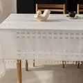 Vintage white cotton linen tablecloth featuring elegant hollow embroidery and tassel edges - Yingyue Stripe Series / 60*60cm / Pure White