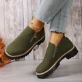 Detailed view of olive green suede loafers with side zipper and chunky non-slip sole - 36 / Green