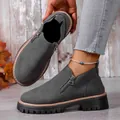 Women's grey round-toe loafers with side zippers and thick lug sole for autumn - Gray