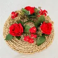 Red artificial 3-head rose wreath candle holder ring for elegant dining table decor - Red